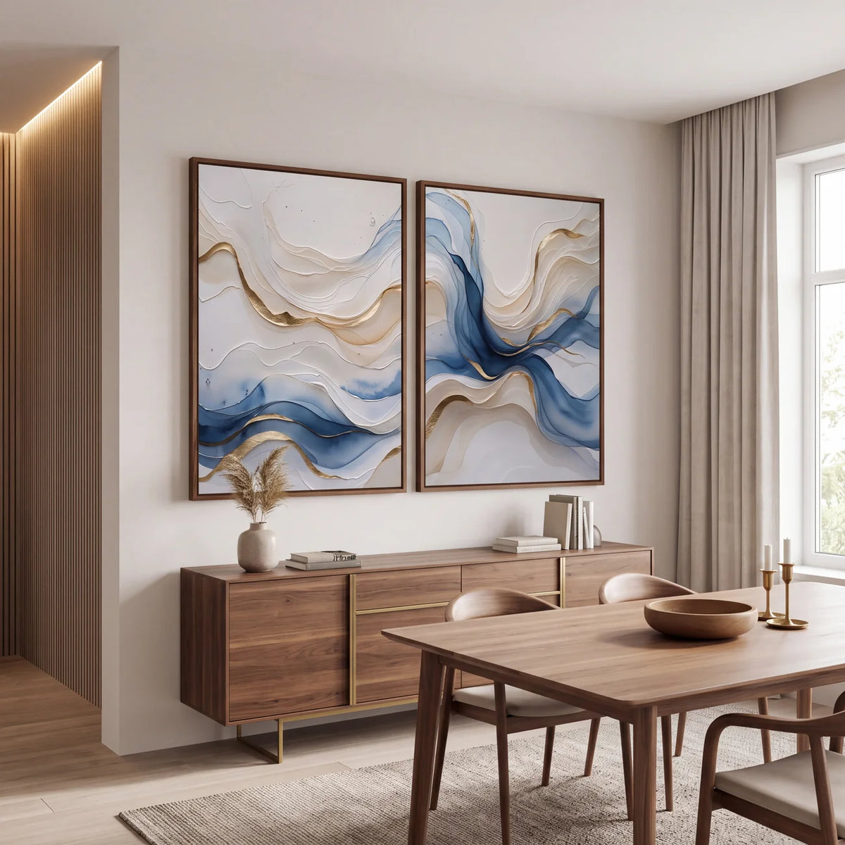 Quadro Decorativo Maré Azul Dourada - Dupla