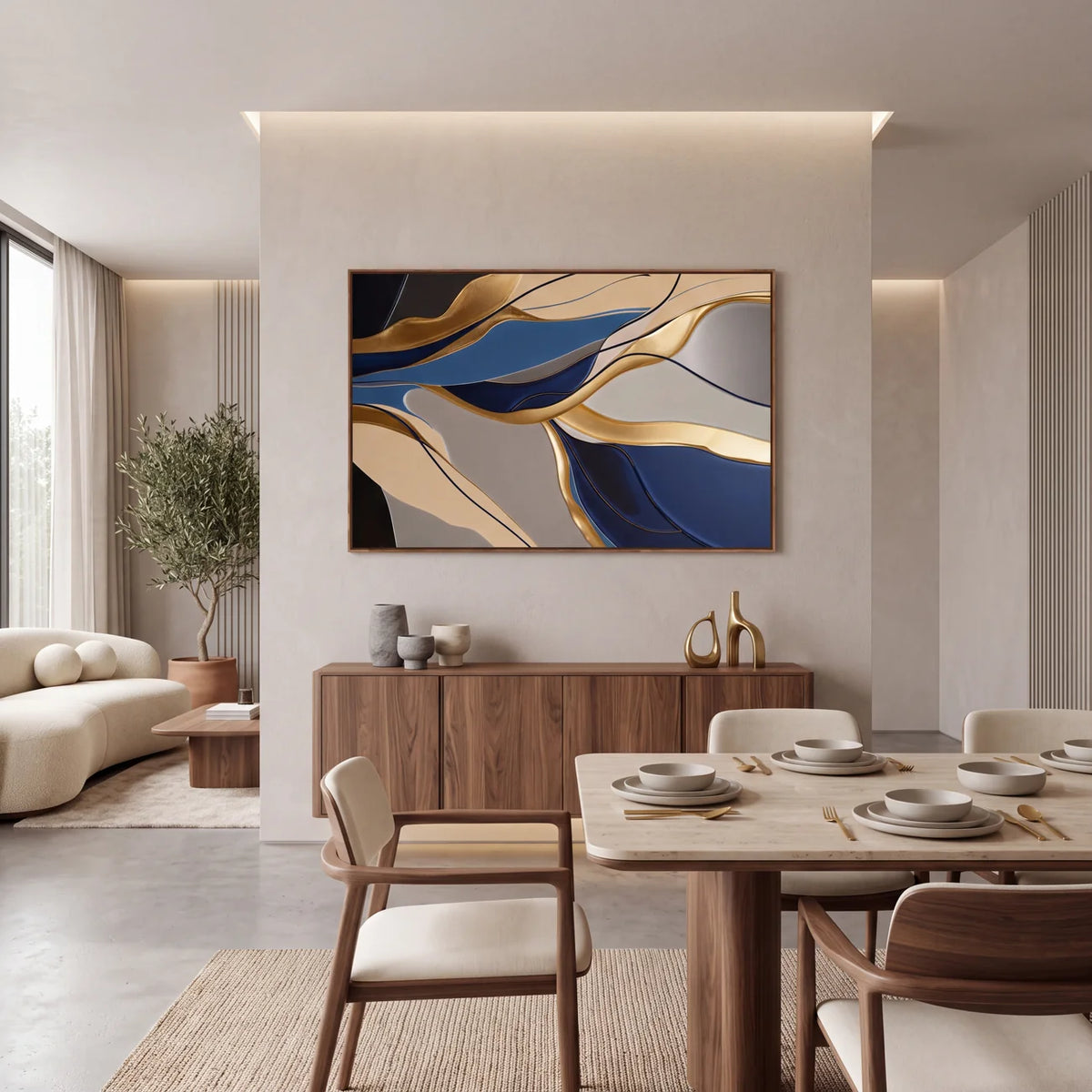Quadro Decorativo Maré Azul e Ouro
