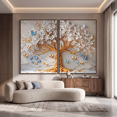 Quadro Decorativo Árvore da Vida Borboletas Azuis