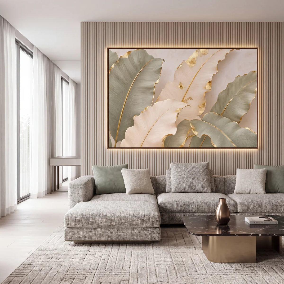 Quadro Decorativo Folhas de Bananeira Sálvia e Ouro