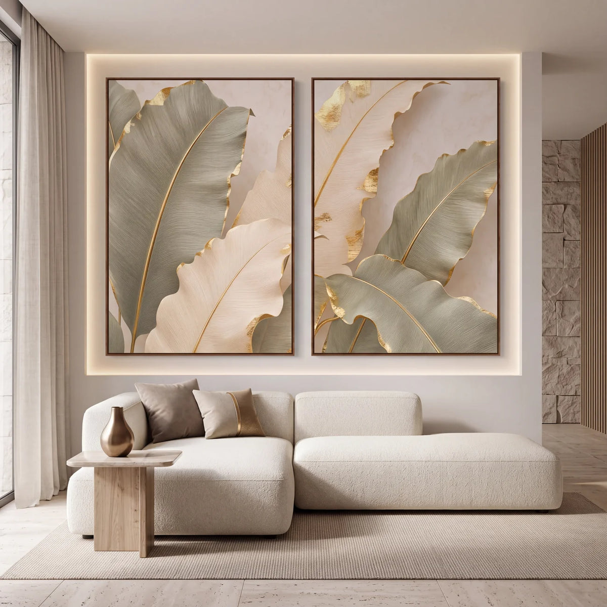 Quadro Decorativo Folhas de Bananeira Sálvia e Ouro