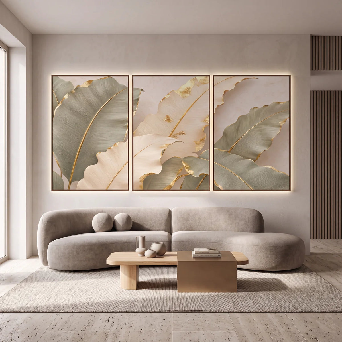 Quadro Decorativo Folhas de Bananeira Sálvia e Ouro